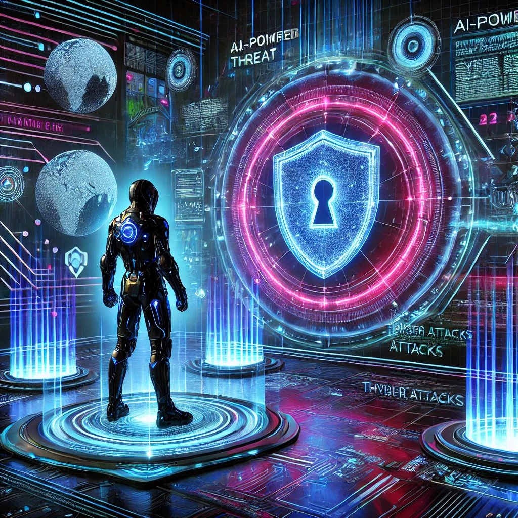 A futuristic digital interface showing cybersecurity shields, AI threat detection systems, and a user navigating virtual firewalls in a glowing blue cyberpunk environment.