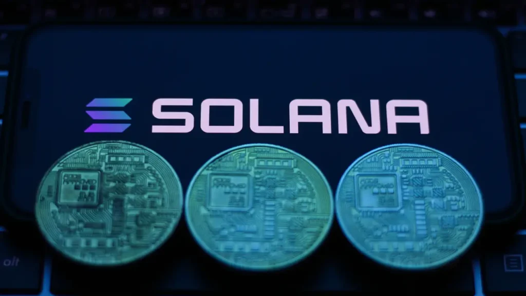 Futuristic digital landscape showcasing top cryptocurrencies like Ethereum, Solana, Chainlink, Polygon, and Injective glowing with neon effects